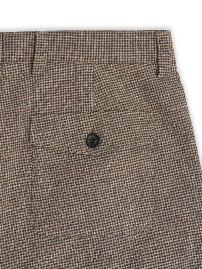 Rear pocket detail on Hilliard brown wide-leg Orsman trousers