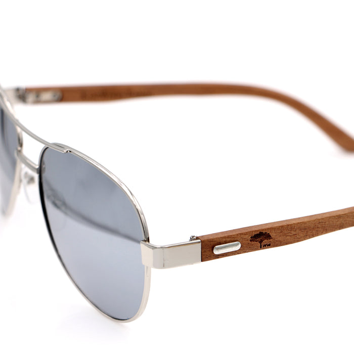 Pailaka Koa Sunglasses - Mirror Lens Silver Frame - Close-Up