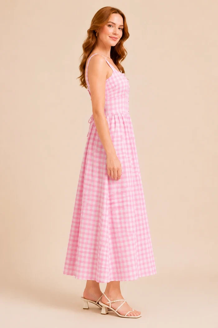 Pink Rayon Gingham Women's Printed Midi Dresses for Women