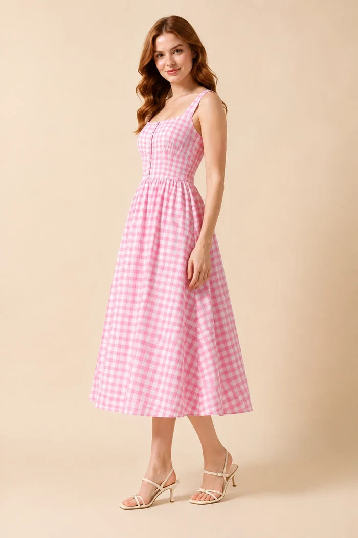 Pink Rayon Gingham Women's Printed Midi Dresses for Women