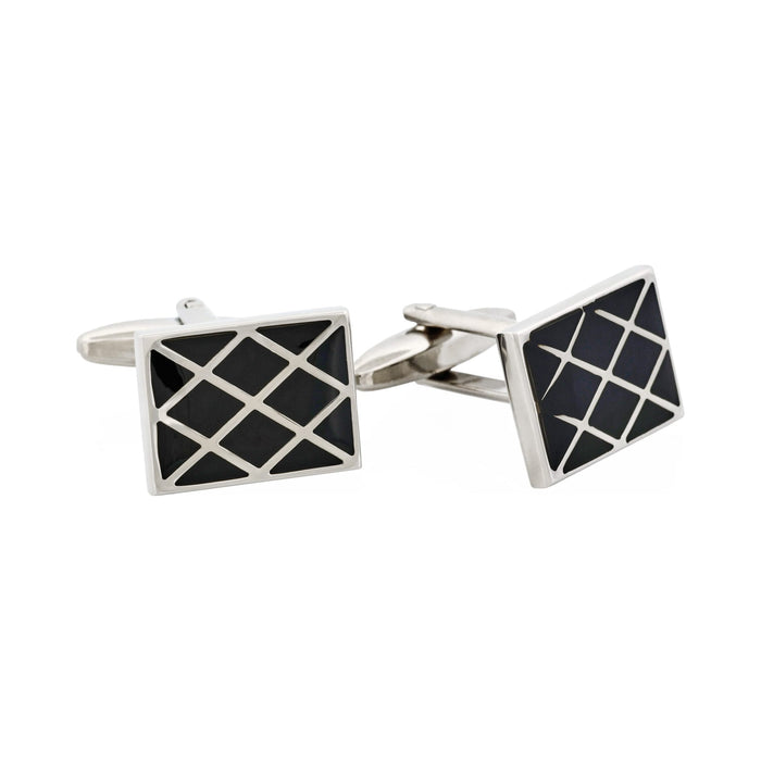 Polished Rhodium Plated Square Cufflinks with Criss Cross Black Enamel Inlay