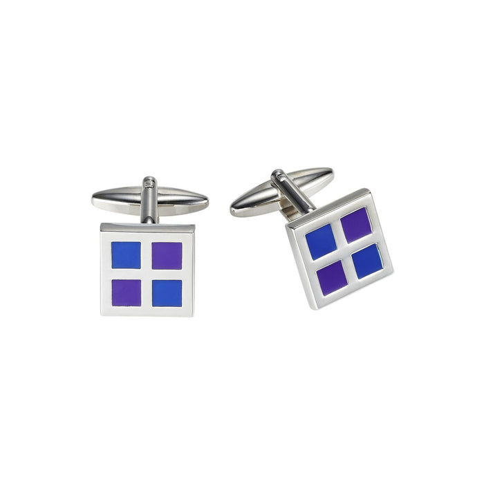 Polished Rhodium Plated Square Cufflinks with Purple & Blue Enamel Inlay