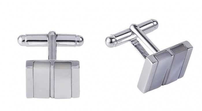 Polished Rhodium Plated Sterling Silver Cufflinks with Double Mother of Pearl Inlays