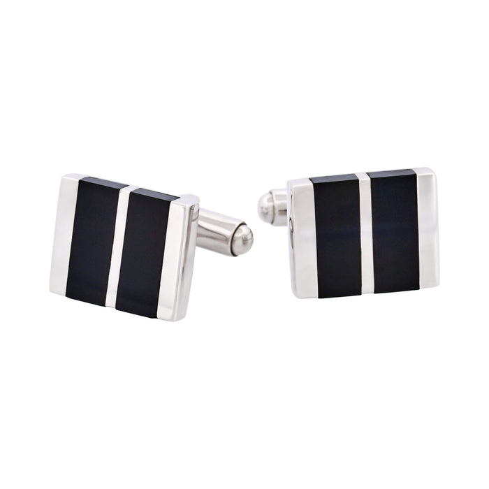 Polished Rhodium Plated Sterling Silver Cufflinks with Double Onyx Inlays