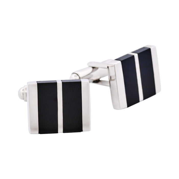 Polished Rhodium Plated Sterling Silver Cufflinks with Double Onyx Inlays