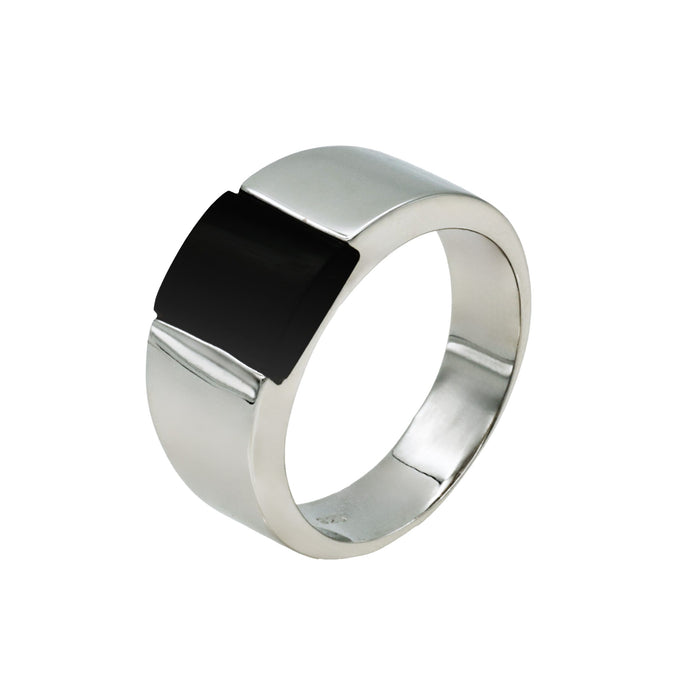 Polished Rhodium Plated Sterling Silver Onyx Ring