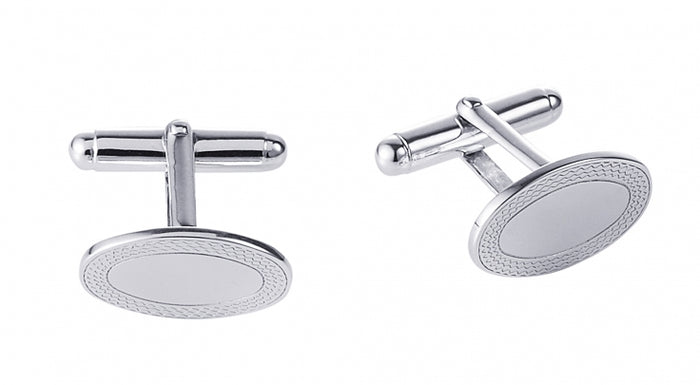 Polished Rhodium Plated Sterling Silver Oval Cufflinks with Engine Turn Frame