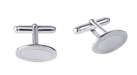 Polished Rhodium Plated Sterling Silver Oval Cufflinks with Engine Turn Frame