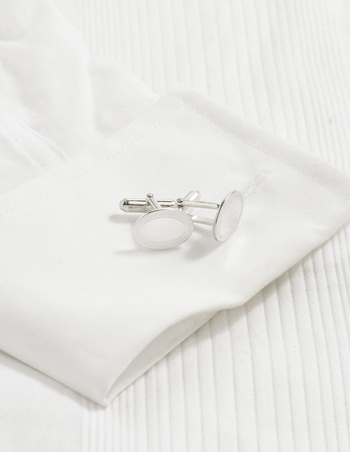 Polished Rhodium Plated Sterling Silver Oval Cufflinks with Engine Turn Frame