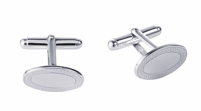 Polished Rhodium Plated Sterling Silver Oval Cufflinks with Engine Turn Frame