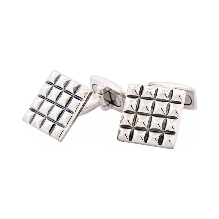 Polished Rhodium Plated Sterling Silver Square Cufflinks with Textured Grid Pattern