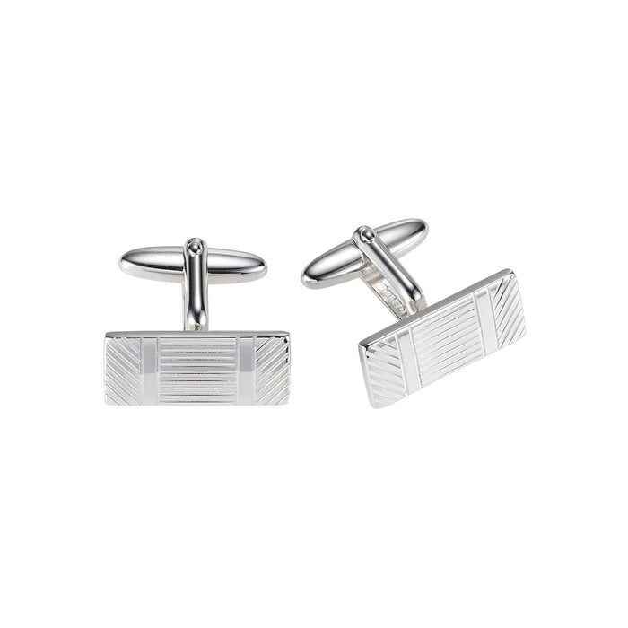 Polished Rhodium Plated Variegated Stripe Pattern Rectangle Cufflinks
