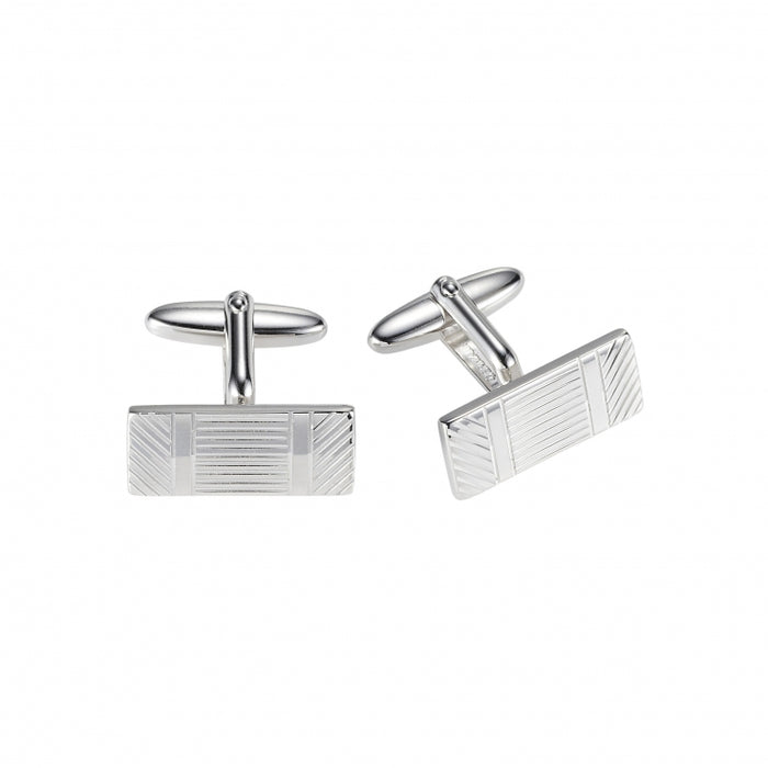 Polished Rhodium Plated Variegated Stripe Pattern Rectangle Cufflinks