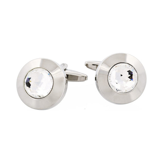 Polished Rhodium Round Large Crystal Centre Cufflinks