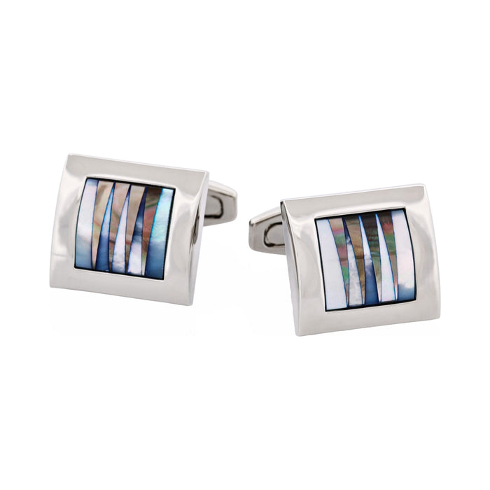 Polished Rhodium Square Curved White & Grey Mother Of Pearl Pattered Cufflinks