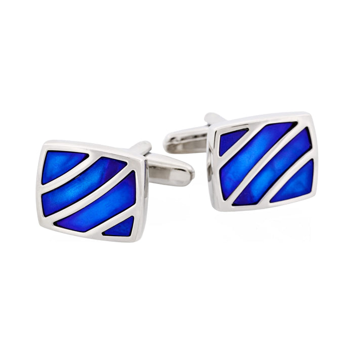 Polished Rhodium Stripe Blue Mother Of Pearl Cufflinks
