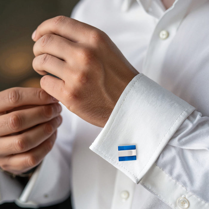 Polished Rhodium Stripe & Light Blue Cat's Eye Cufflinks