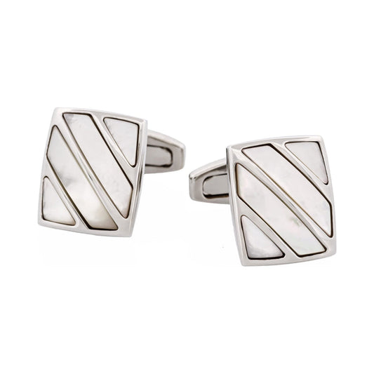 Polished Rhodium Stripe Mother Of Pearl Cufflinks