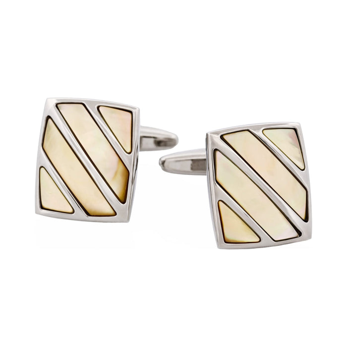 Polished Rhodium Stripe Yellow Mother Of Pearl Cufflinks