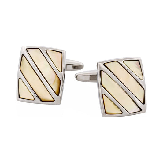 Polished Rhodium Stripe Yellow Mother Of Pearl Cufflinks