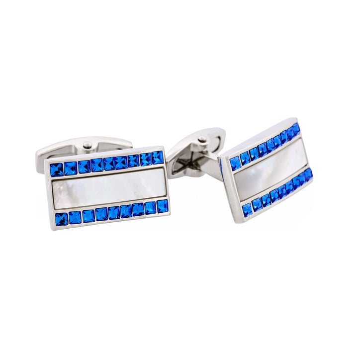 Polished Rhodium with Mother Of Pearl & Blue Sapphire Crystal Rectangle Cufflinks