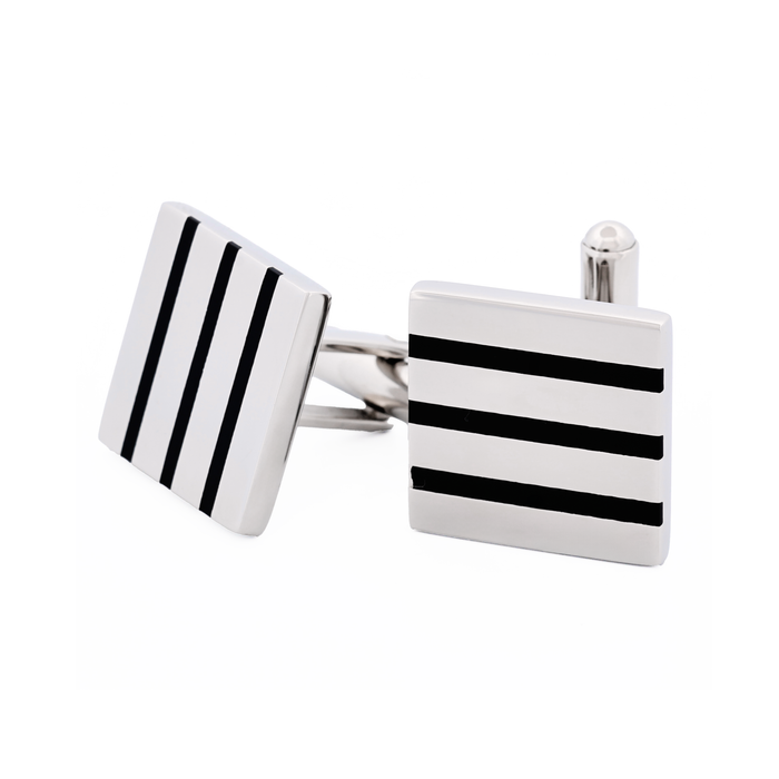 Polished Square Stainless Steel Cufflinks with Black Enamel Stripes
