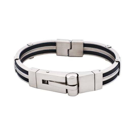 Polished Stainless Steel & Black Rubber Bracelet with Locking Clasp