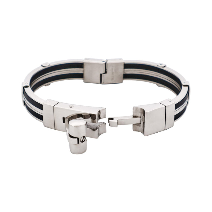 Polished Stainless Steel & Black Rubber Bracelet with Locking Clasp