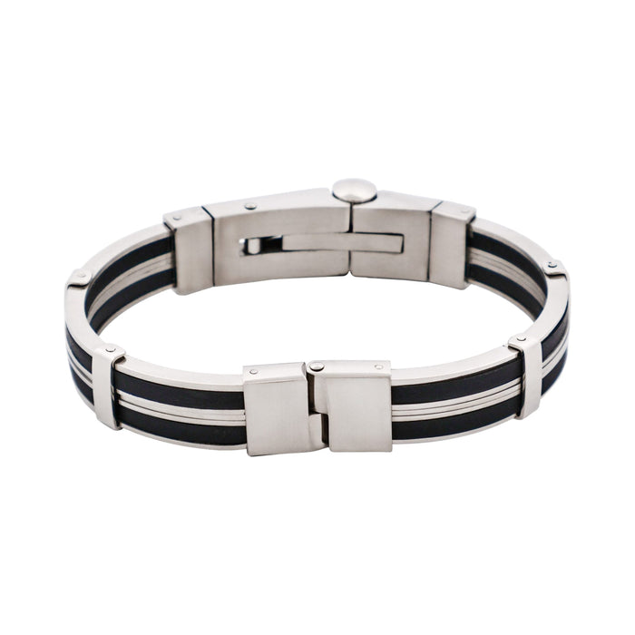 Polished Stainless Steel & Black Rubber Bracelet with Locking Clasp