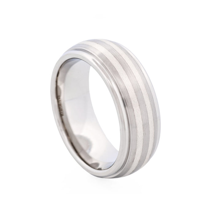 Polished Stainless Steel & Brushed Silver Toned Inlay Ring