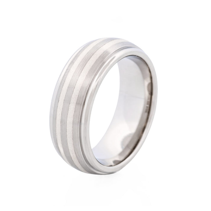 Polished Stainless Steel & Brushed Silver Toned Inlay Ring