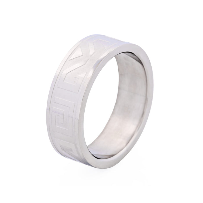 Polished Stainless Steel Ring with Frosted Greek Key Pattern