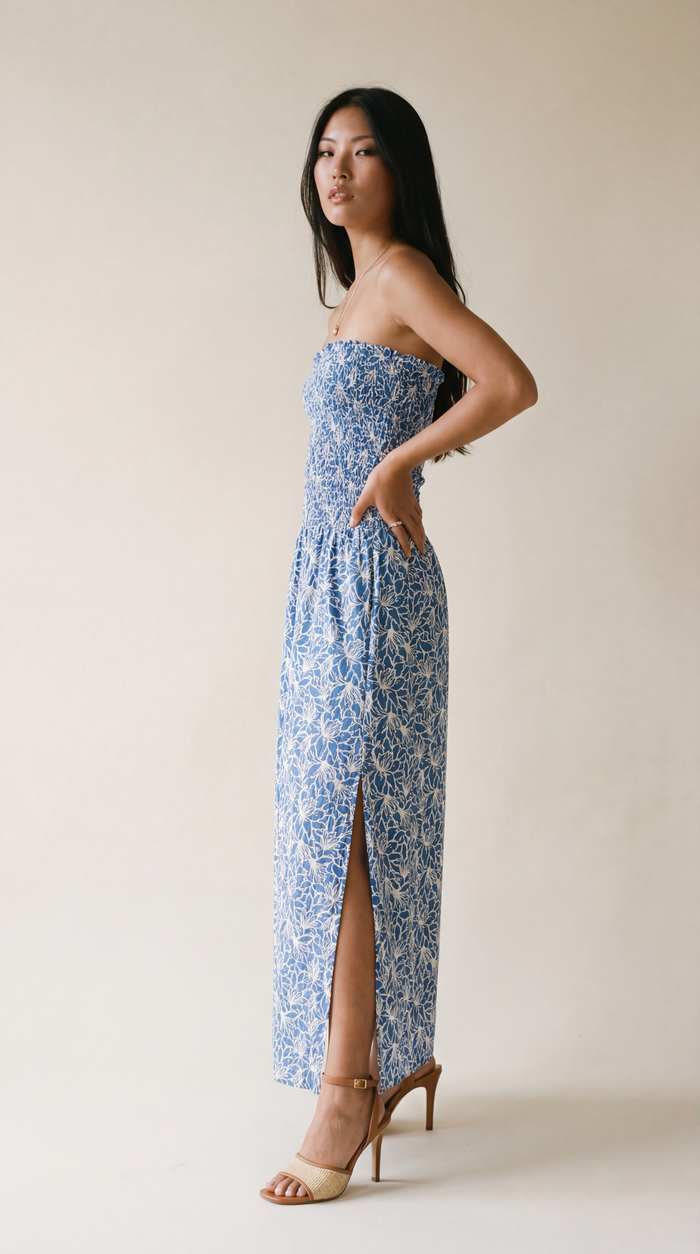 Portofino Strapless Midi Dress - Lysoria Blue - Side View