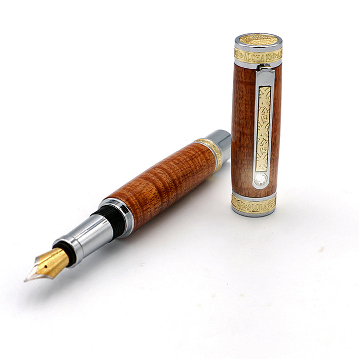 Premium Curly Hawaiian Koa Aloha Fountain Pen - Chrome - Front View
