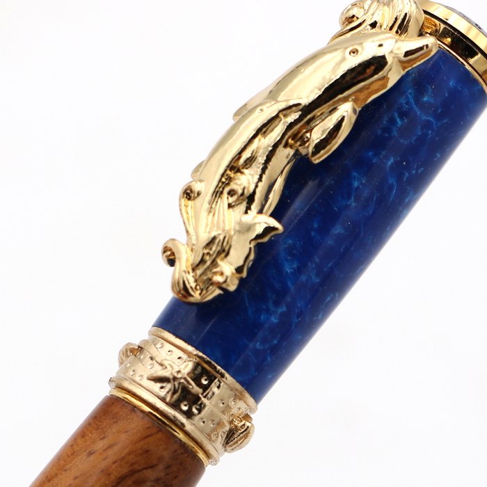 Premium Curly Hawaiian Koa Dolphin Pen - 24kt Gold - Detail View