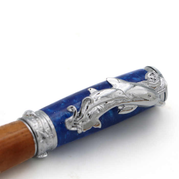 Premium Curly Hawaiian Koa Dolphin Pen - Chrome - Close-Up