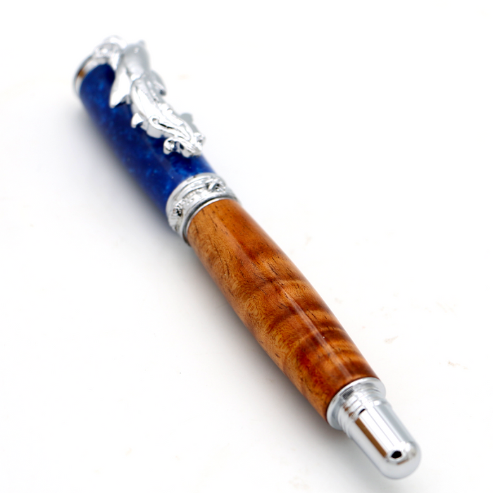 Premium Curly Hawaiian Koa Dolphin Pen - Chrome - Angled View