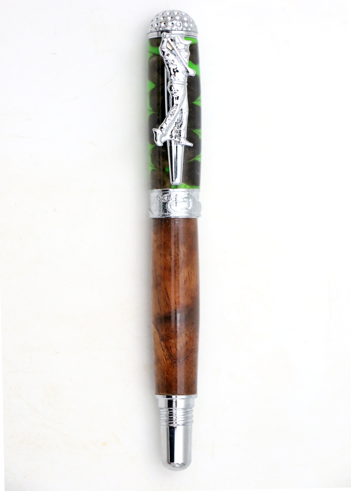 Premium Curly Hawaiian Koa Golf Pen - Chrome