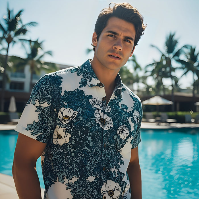 Puakala Blue on White Aloha Shirt