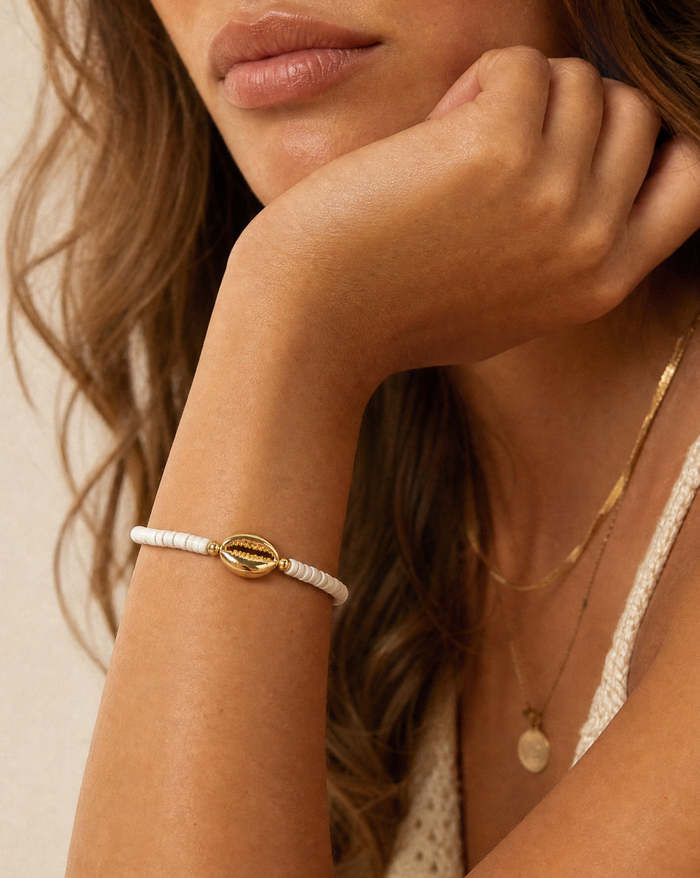 Puka Shell with Gold Cowrie Bracelet - Close-Up
