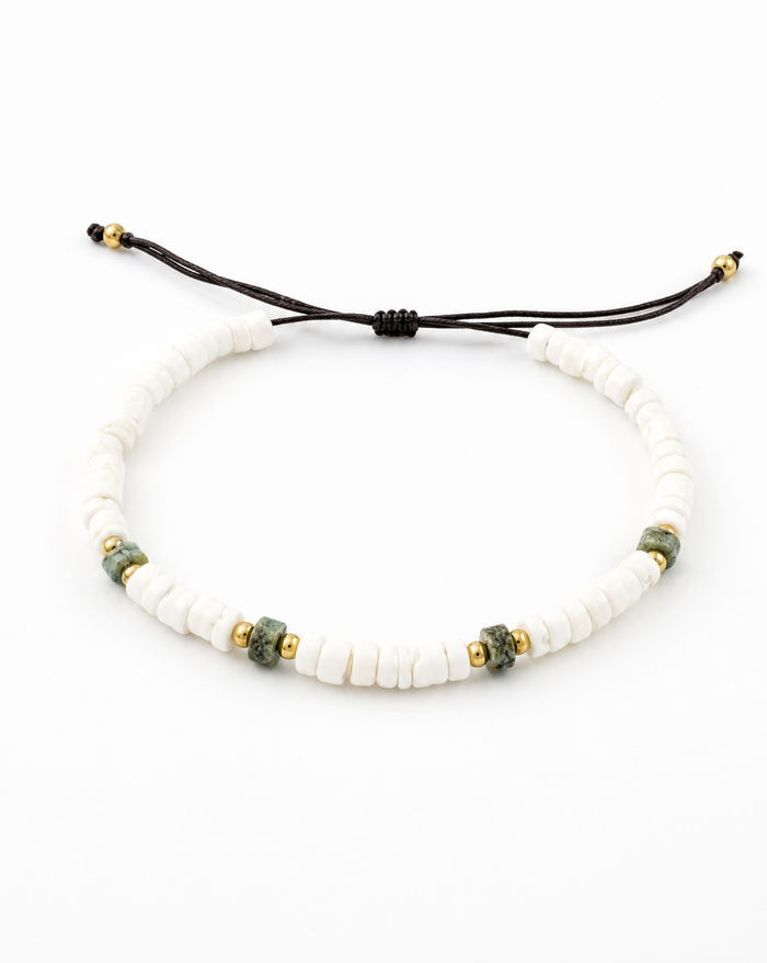 Puka Shells and African Peridote Bead Adjustable Bracelet