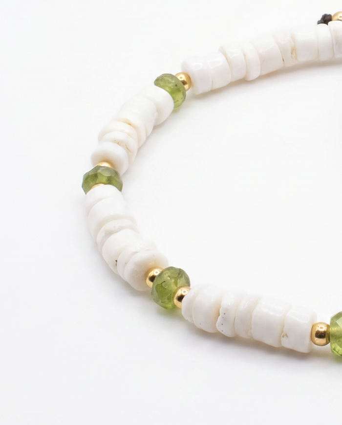 Puka Shells and African Peridote Bead Adjustable Bracelet