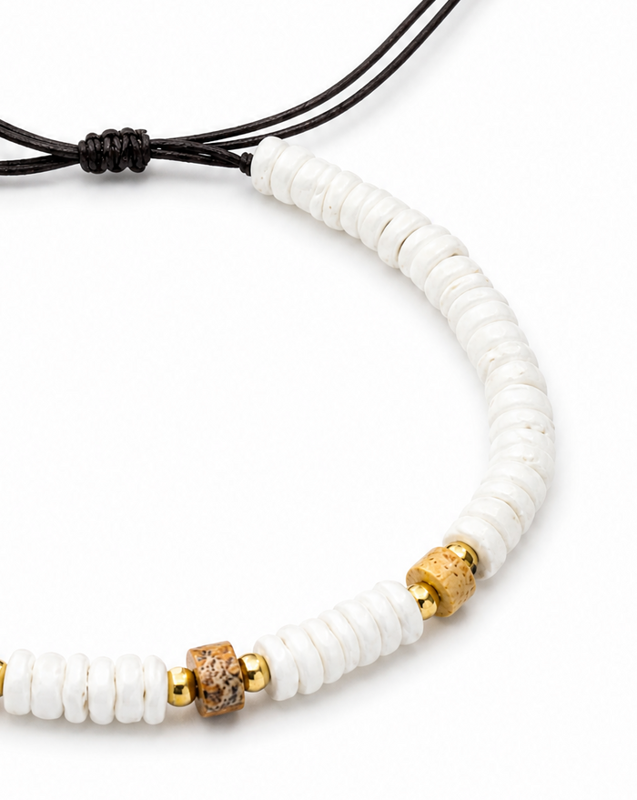 Puka Shells and Jasper Stone Bead Adjustable Bracelet
