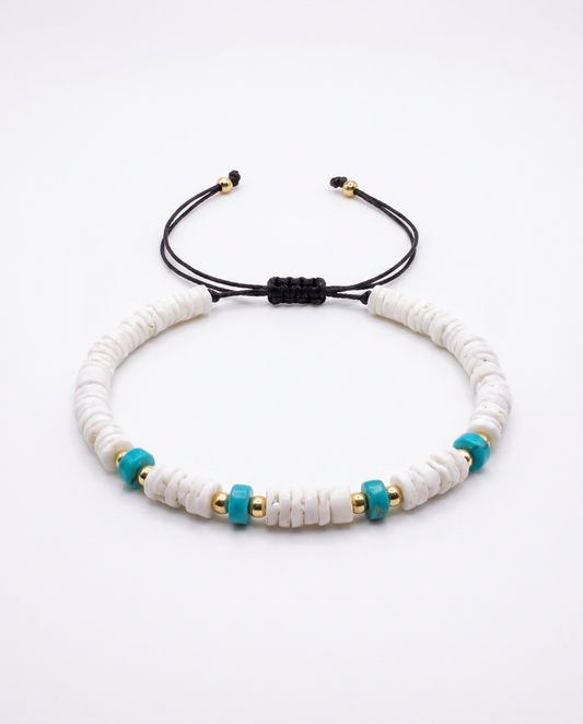 Puka Shells and Turquoise Bead Adjustable Bracelet