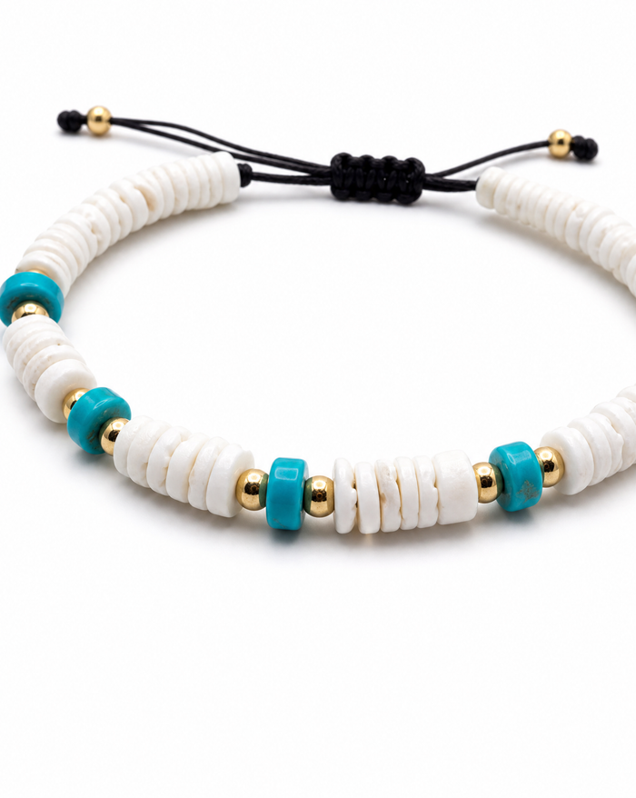 Puka Shells and Turquoise Bead Adjustable Bracelet