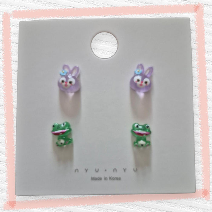 Purple bunny and frog studs earrings