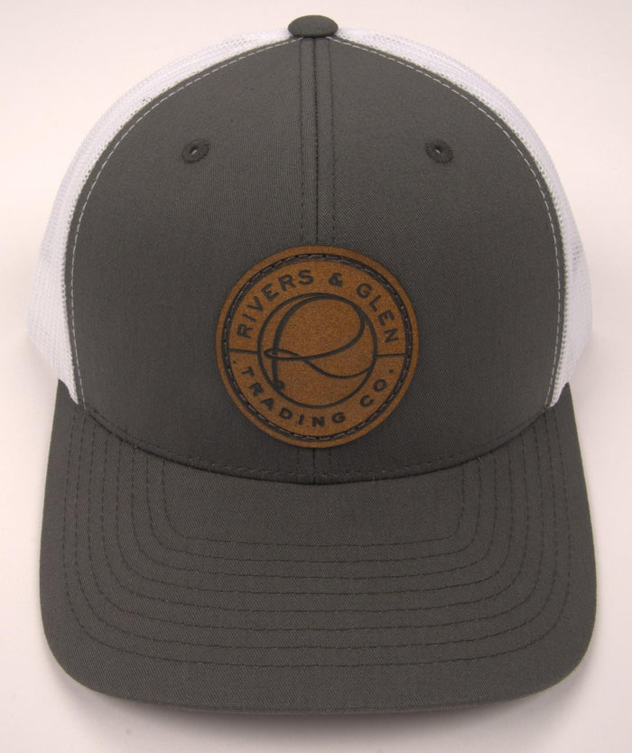 R&G Trucker Hat Charcoal/White Leather Patch 112 Rivers & Glen Trading Co. Hats Charcoal/White/112YP Headwear Rivers and Glen Trading Co