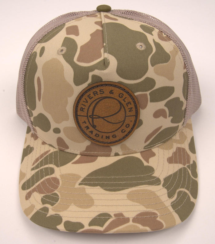 R&G Trucker Hat Harvest Duck Camo/Tan Leather Patch 112 5 Panel Rivers & Glen Trading Co. Hats HarvestDuckCamo/Tan/LeatherPatch/1125Panel Headwear Rivers and Glen Trading Co