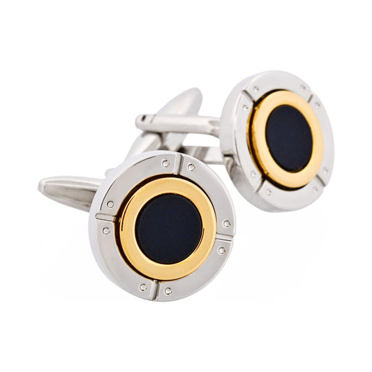 Rhodium & Gold Plated Black Enamel Round Cufflinks