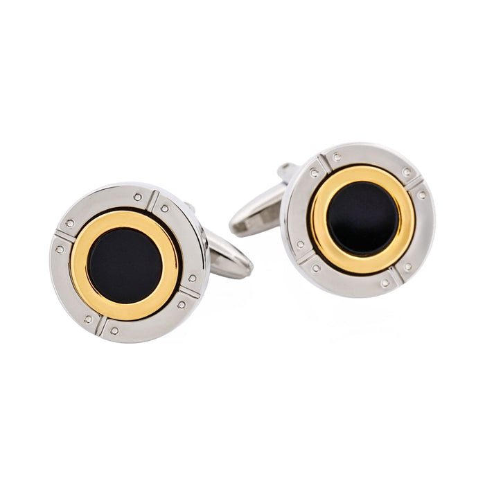 Rhodium & Gold Plated Black Enamel Round Cufflinks